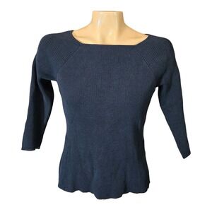 Evie Silk Blend Ribbed‎ Square Neck 3/4 Sleeve Fitted Sweater Top Medium Black